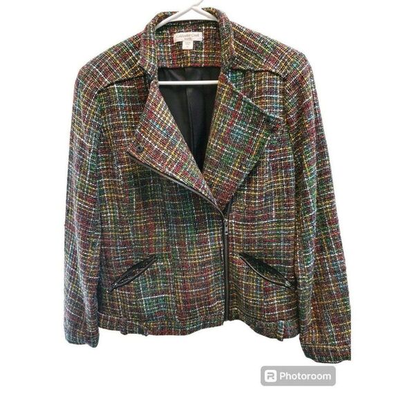 VTG  COLDWATER CREEK Shaped Moto Blazer Rainbow Wool Blend Tweed Jacket SZ 12 - Picture 1 of 5